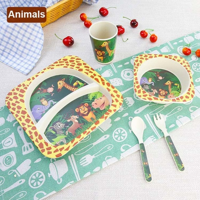 5pcs/set Children Baby Bamboo Fiber Tableware Baby Tableware Set Cartoon Animal Tableware Aet