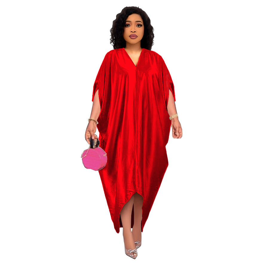 Spring New African Plus Size Muslim Women's Solid Color V-Neck Dress