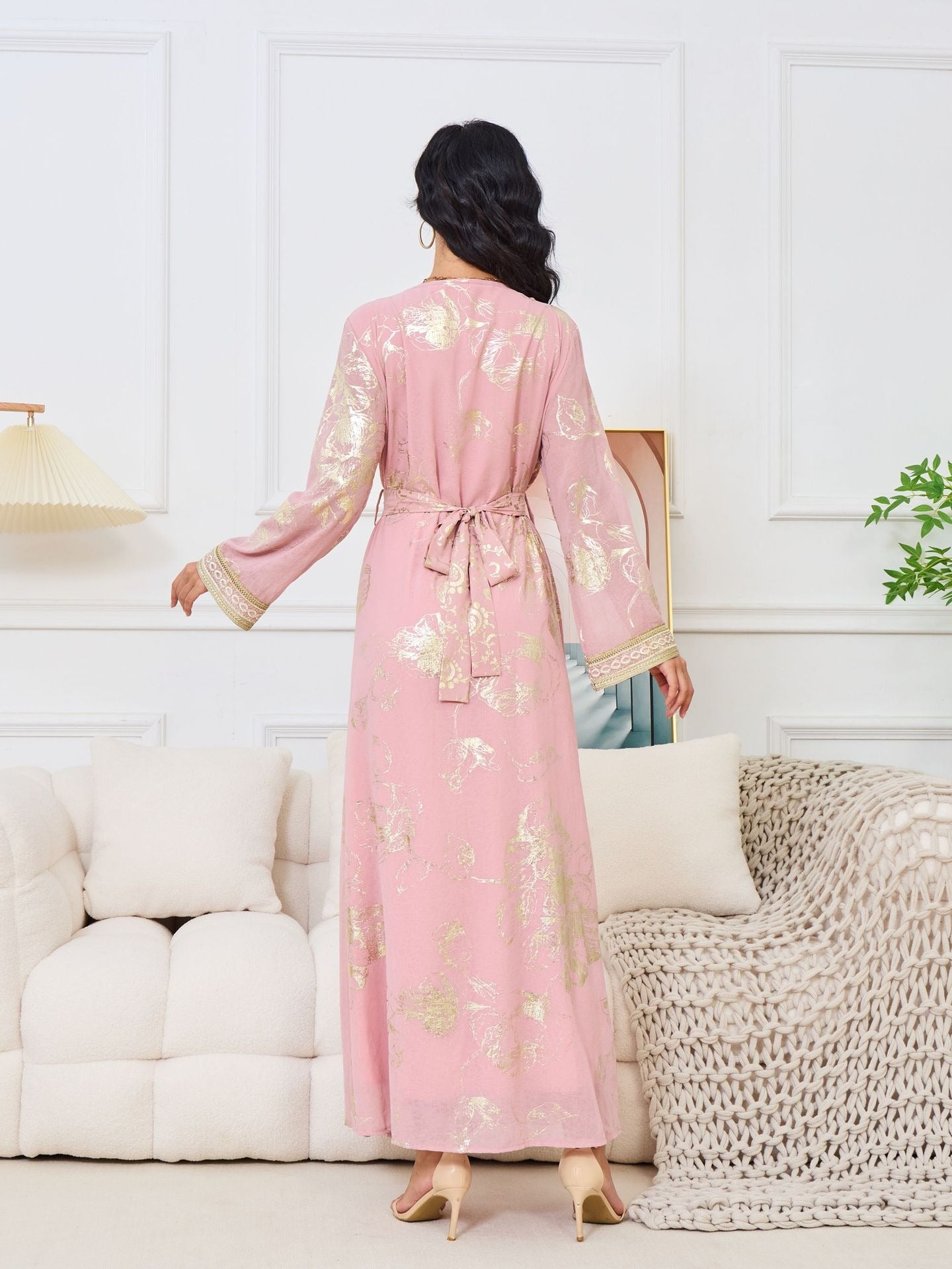 Muslim Women's Dress New Pink Stamped Fashion Party Robe