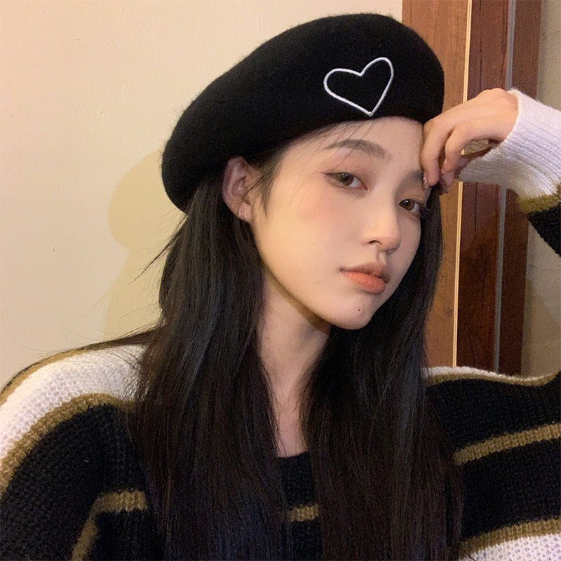 Fashion Wool Beret Hat For Women Cute Girl Heart-shaped Embroidery Painter Hat Retro Casual Octagonal Hat Bonnet Enfant