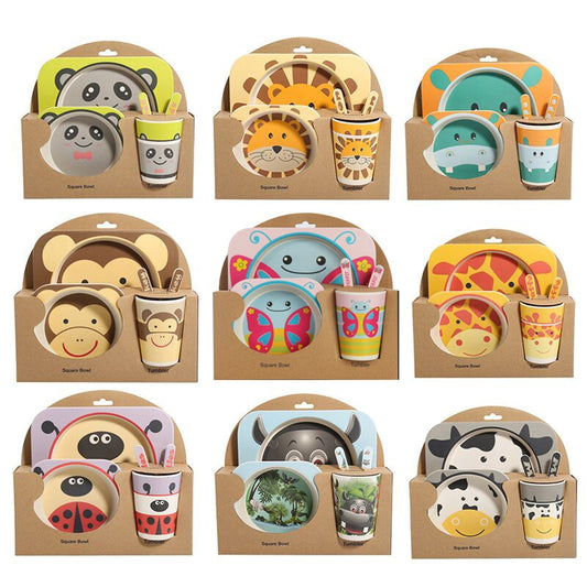 5pcs/set Children Baby Bamboo Fiber Tableware Baby Tableware Set Cartoon Animal Tableware Aet