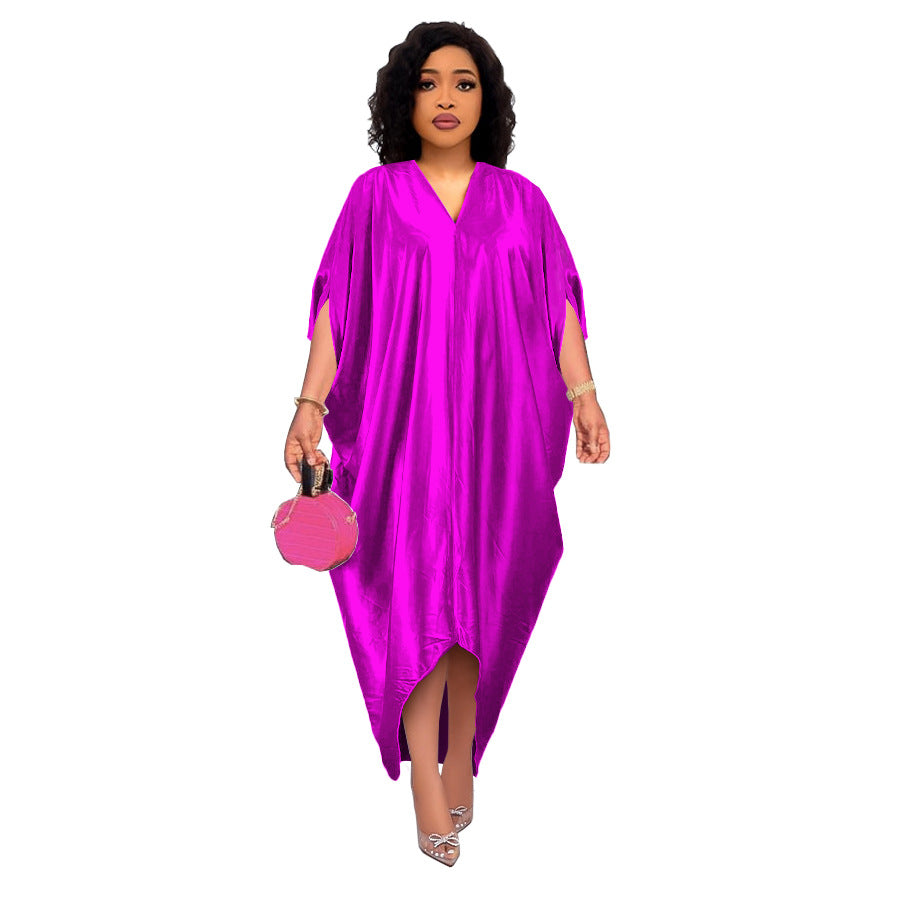 Spring New African Plus Size Muslim Women's Solid Color V-Neck Dress