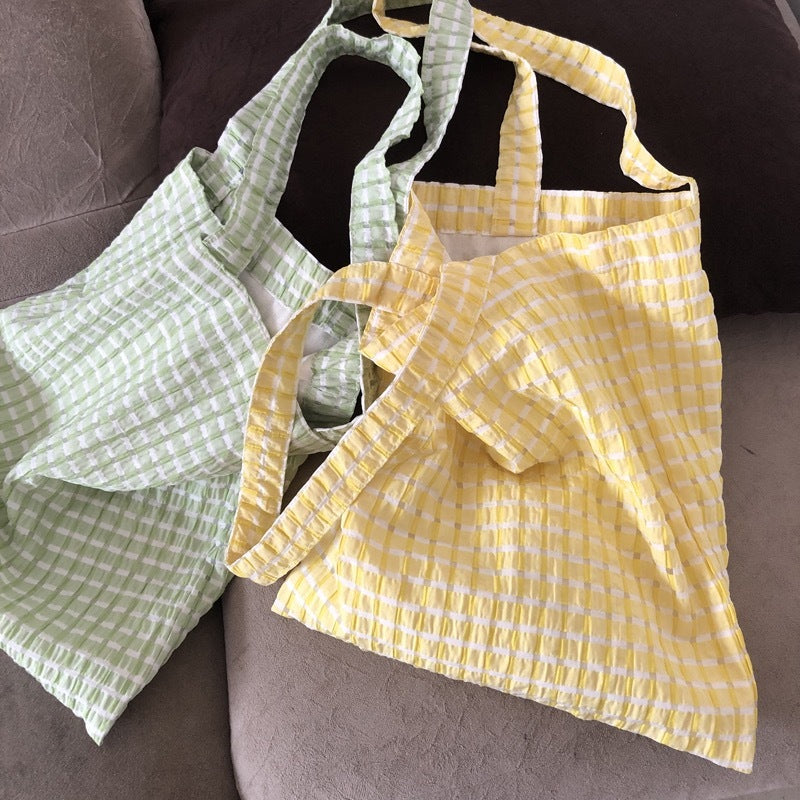 Mint green checkered canvas bag, small fresh one shoulder candy color, versatile fairy girl bag for going out