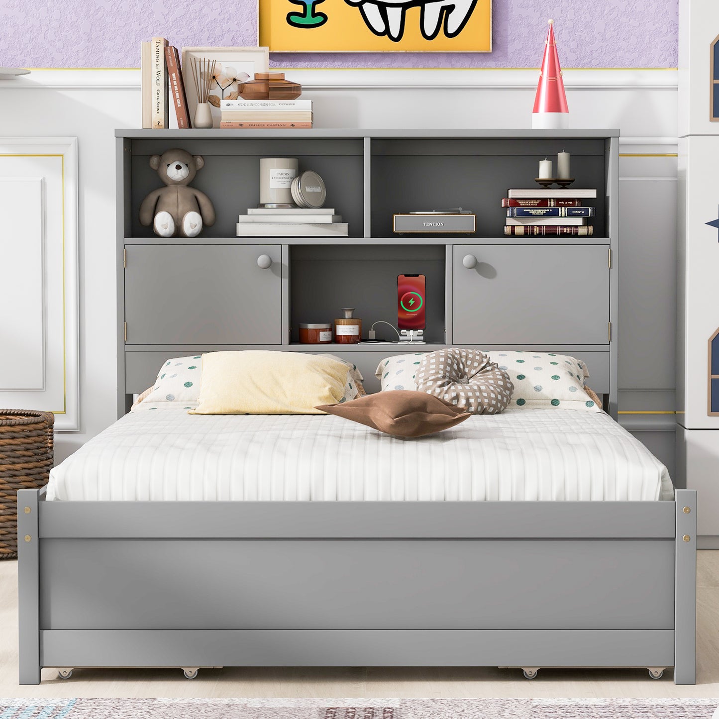 Full Size Platform Bed with Storage Headboard, Charging Station and 4 Drawers, Gray