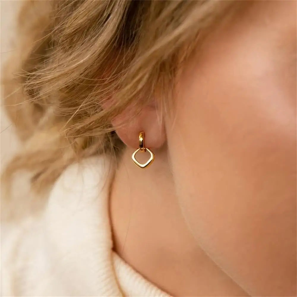 New Trend Waterproof Anti Allergic Metal Geometric Irregular Drop Earrings Gold Plated PVD Chunky Texture Zircon C Ear Stud Hoop