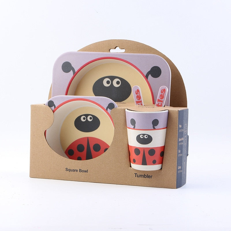 5pcs/set Children Baby Bamboo Fiber Tableware Baby Tableware Set Cartoon Animal Tableware Aet