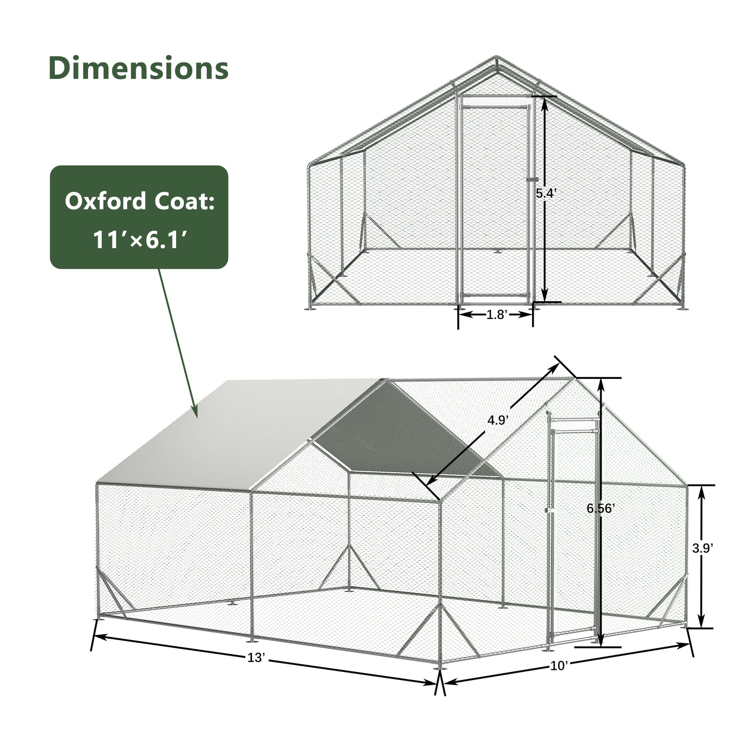 Large metal chicken cage, galvanized iron ribbon waterproof and UV resistant cover (10 'long x 13' wide x 6.56 'high)