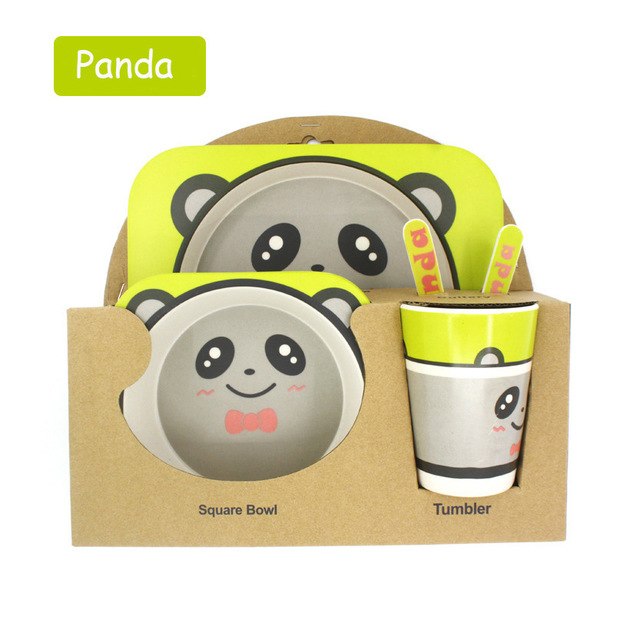 5pcs/set Children Baby Bamboo Fiber Tableware Baby Tableware Set Cartoon Animal Tableware Aet