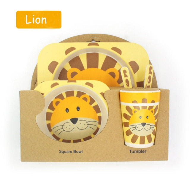 5pcs/set Children Baby Bamboo Fiber Tableware Baby Tableware Set Cartoon Animal Tableware Aet