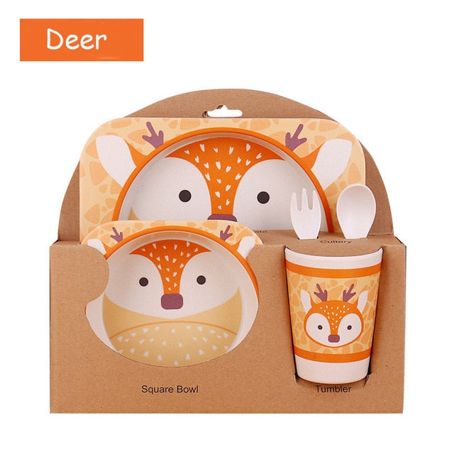 5pcs/set Children Baby Bamboo Fiber Tableware Baby Tableware Set Cartoon Animal Tableware Aet