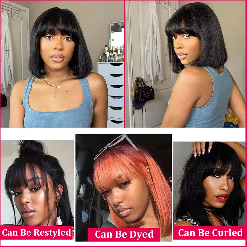 Middle Part 3X1 Hd Lace Wig Bone Straight Human Hair Wigs With Bangs Short Bob Wigs Full Machine Made Short Bob Human Hair Wigs