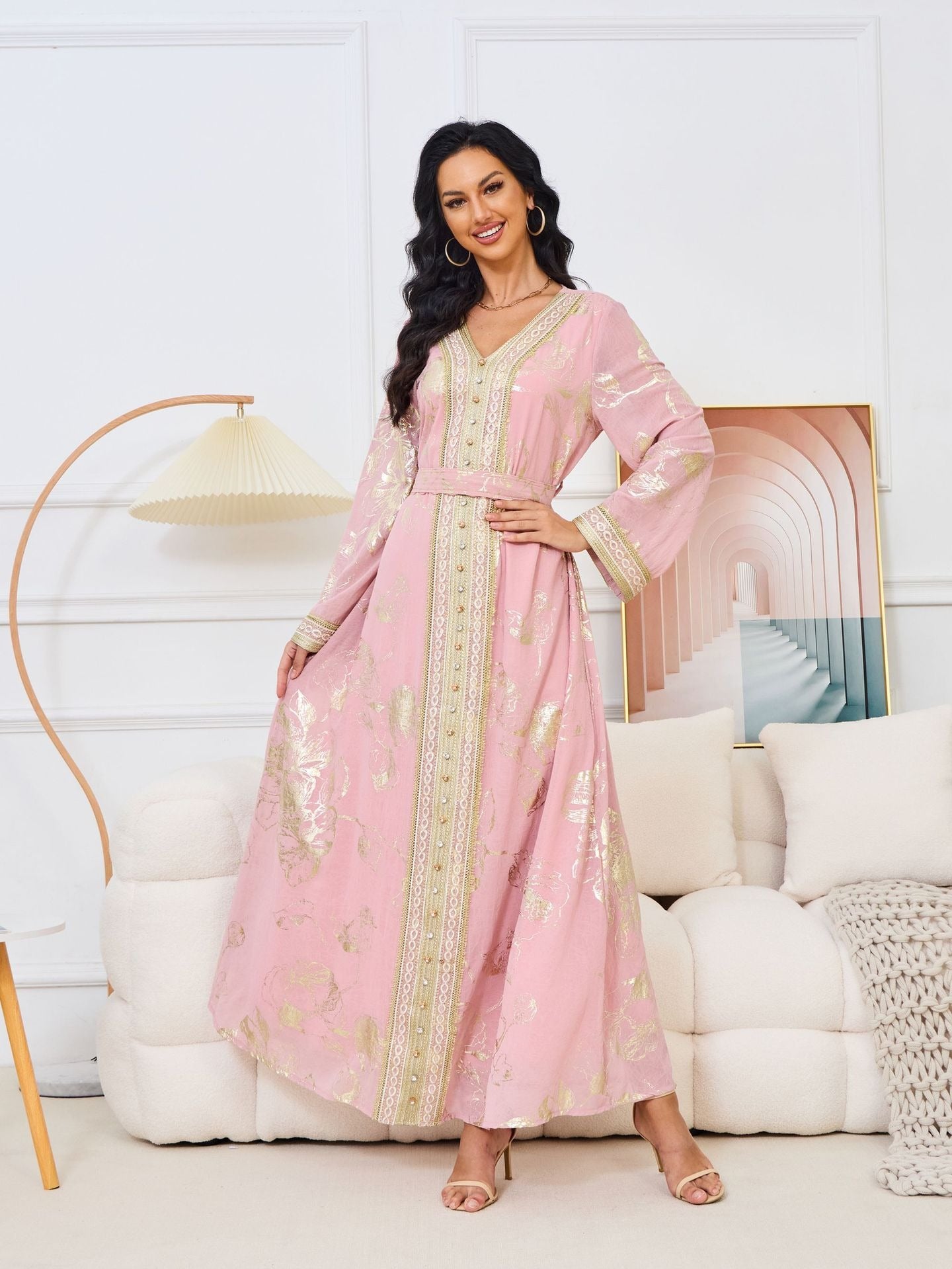 Muslim Women's Dress New Pink Stamped Fashion Party Robe