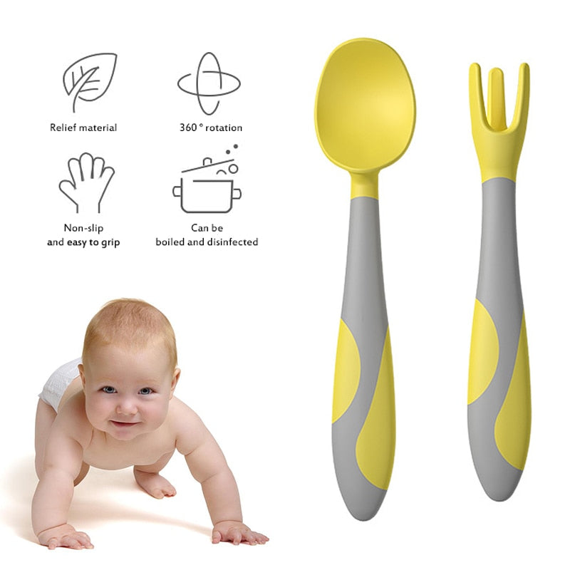 Spoon For Baby Utensils Set Auxiliary Food Silicone Gel Spoon Baby Learn To Eat Training Bendable Soft Spoon Children Tableware