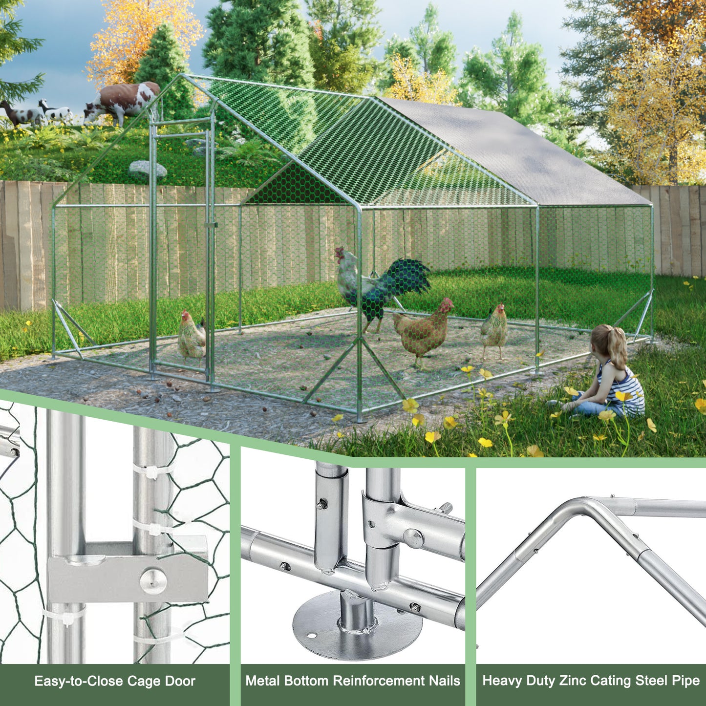 Large metal chicken cage, galvanized iron ribbon waterproof and UV resistant cover (10 'long x 13' wide x 6.56 'high)