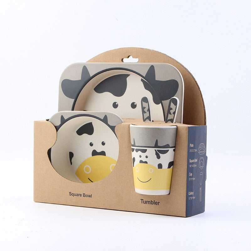 5pcs/set Children Baby Bamboo Fiber Tableware Baby Tableware Set Cartoon Animal Tableware Aet