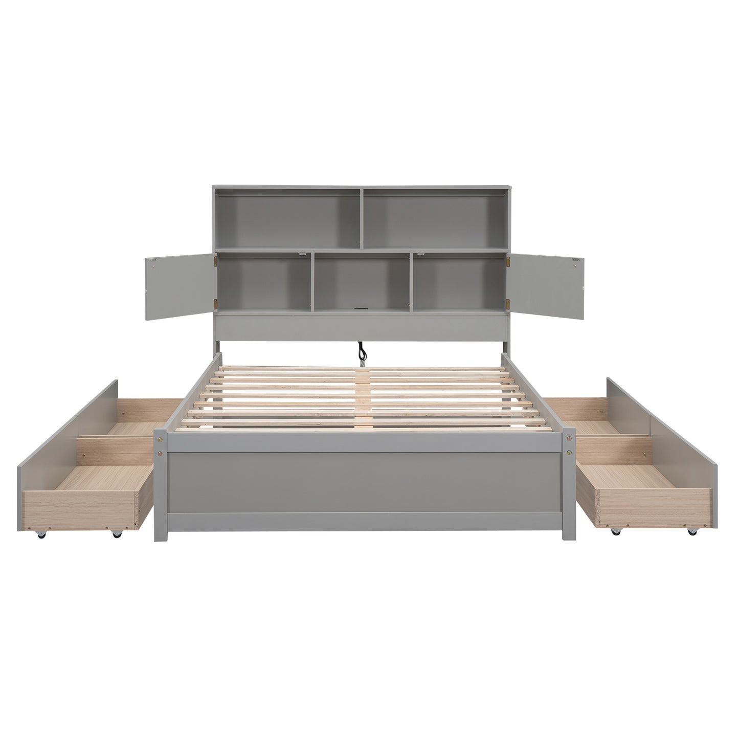 Full Size Platform Bed with Storage Headboard, Charging Station and 4 Drawers, Gray