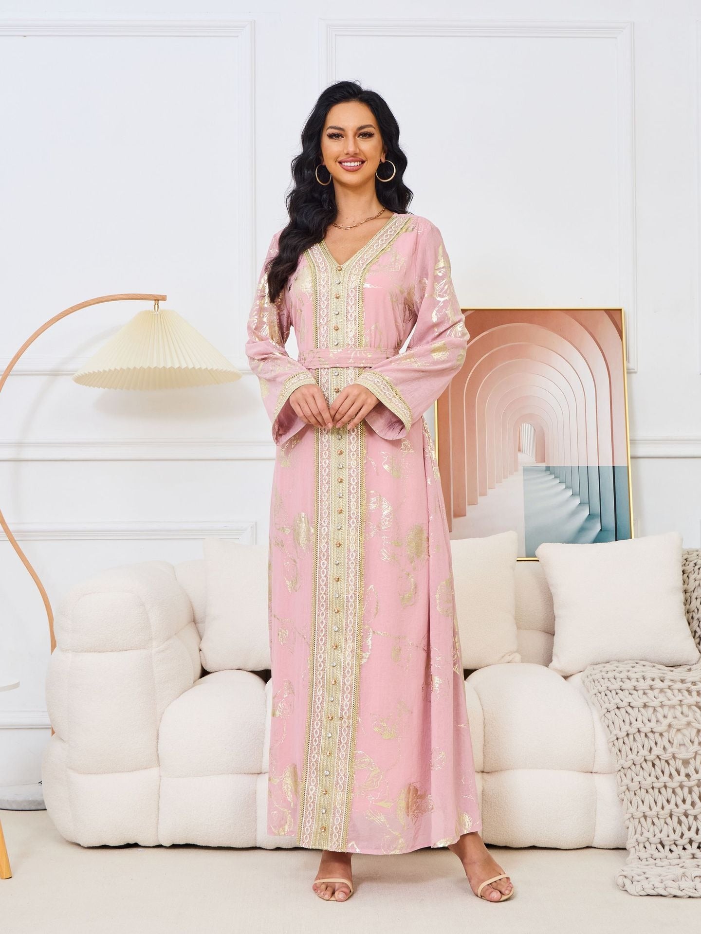 Muslim Women's Dress New Pink Stamped Fashion Party Robe