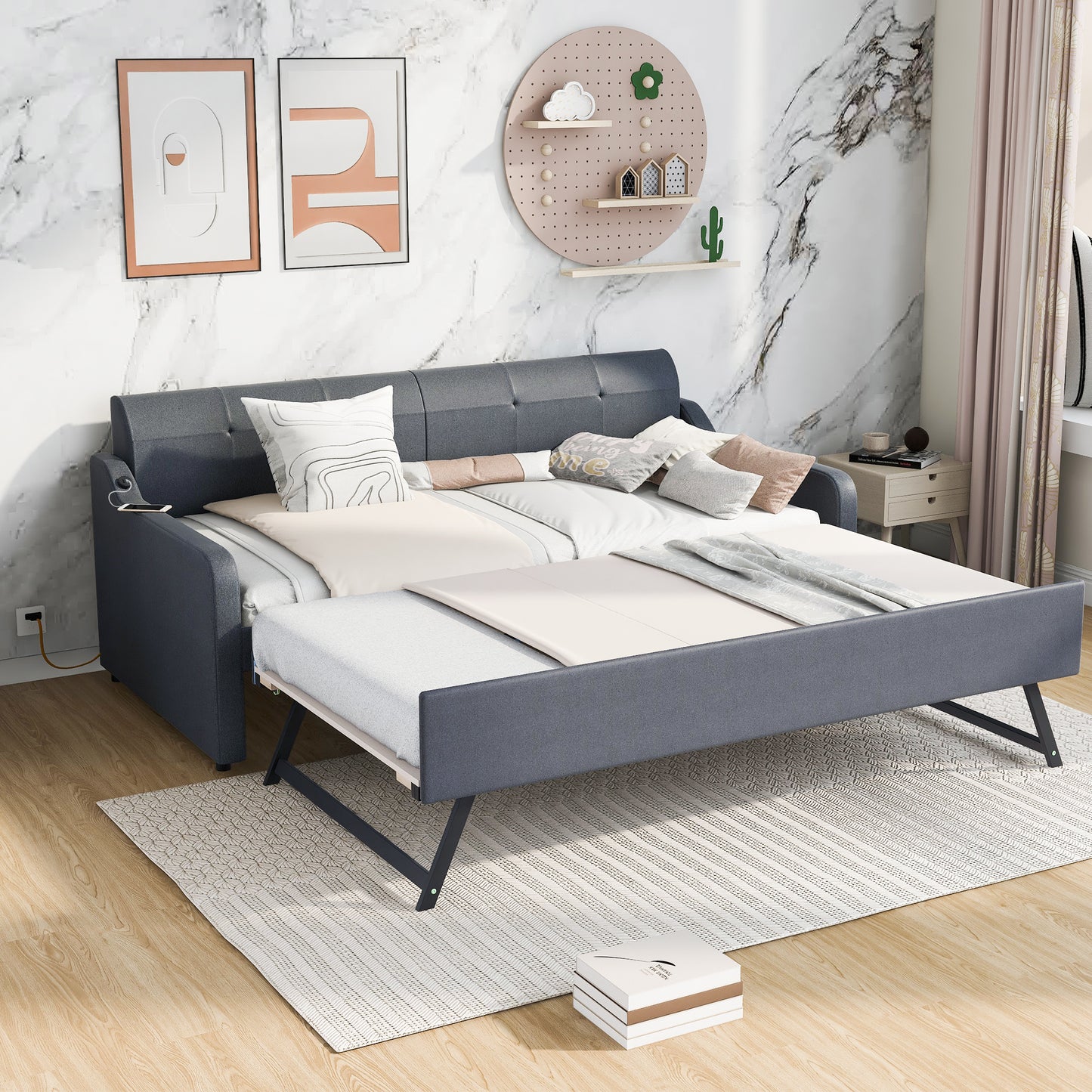 Twin Size Upholstery DayBed with Trundle and USB Charging Design Trundle can be flat or erected Gray