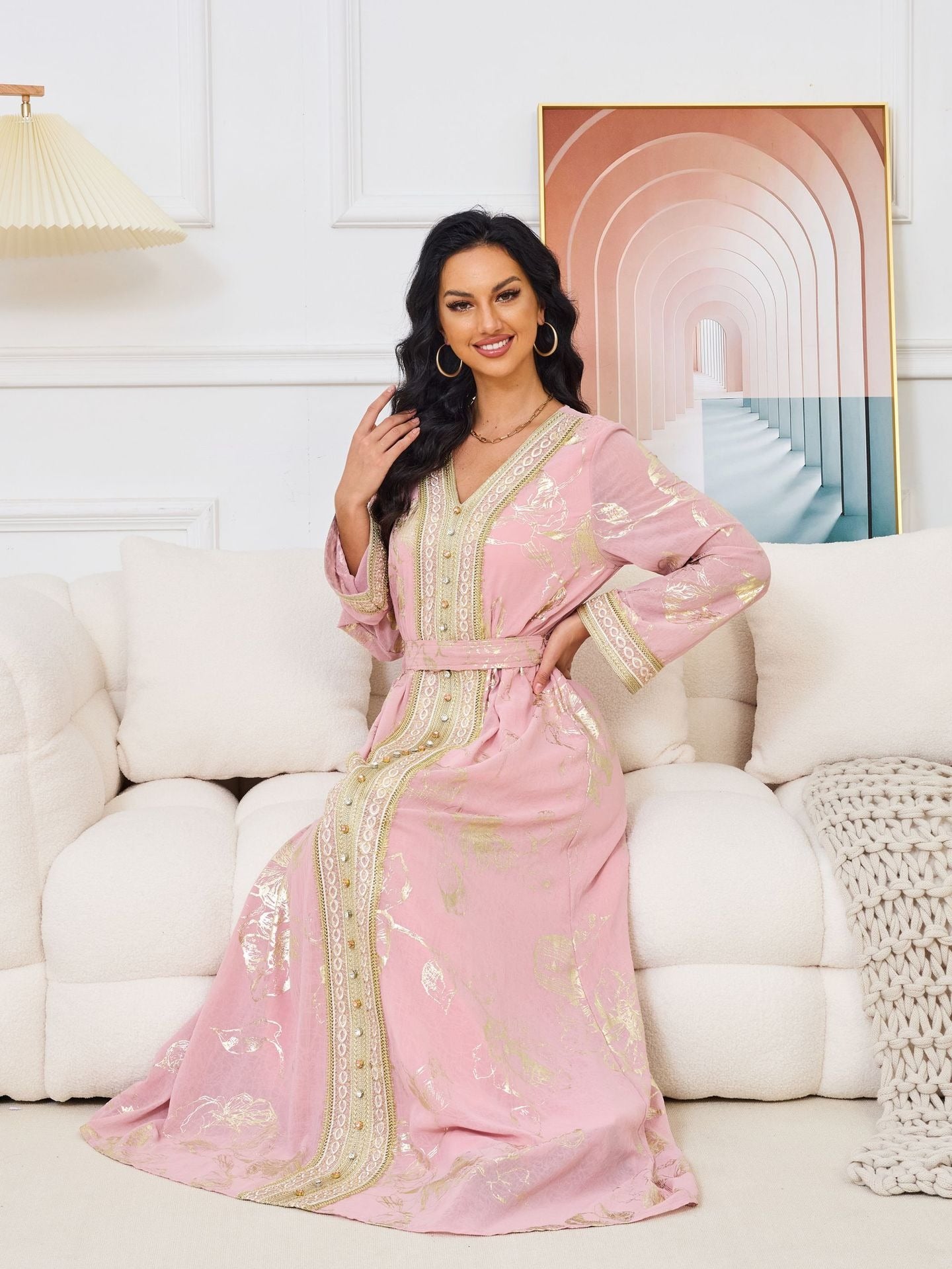 Muslim Women's Dress New Pink Stamped Fashion Party Robe