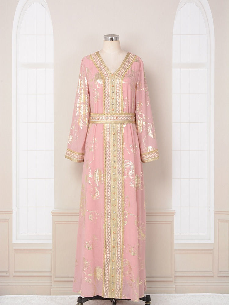 Muslim Women's Dress New Pink Stamped Fashion Party Robe