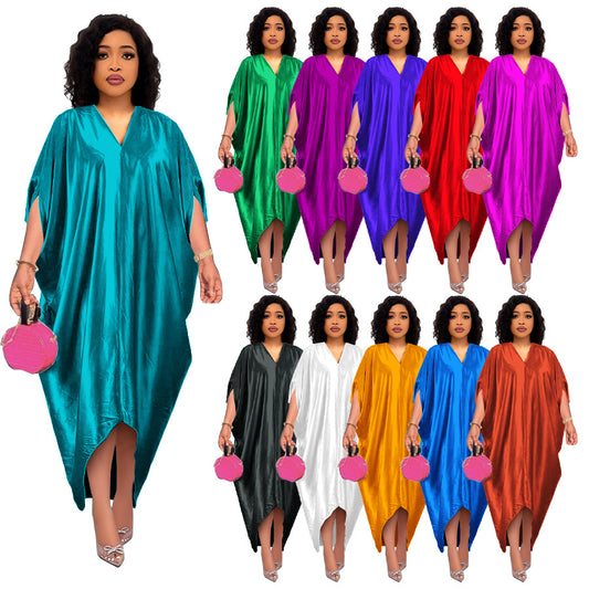 Spring New African Plus Size Muslim Women's Solid Color V-Neck Dress