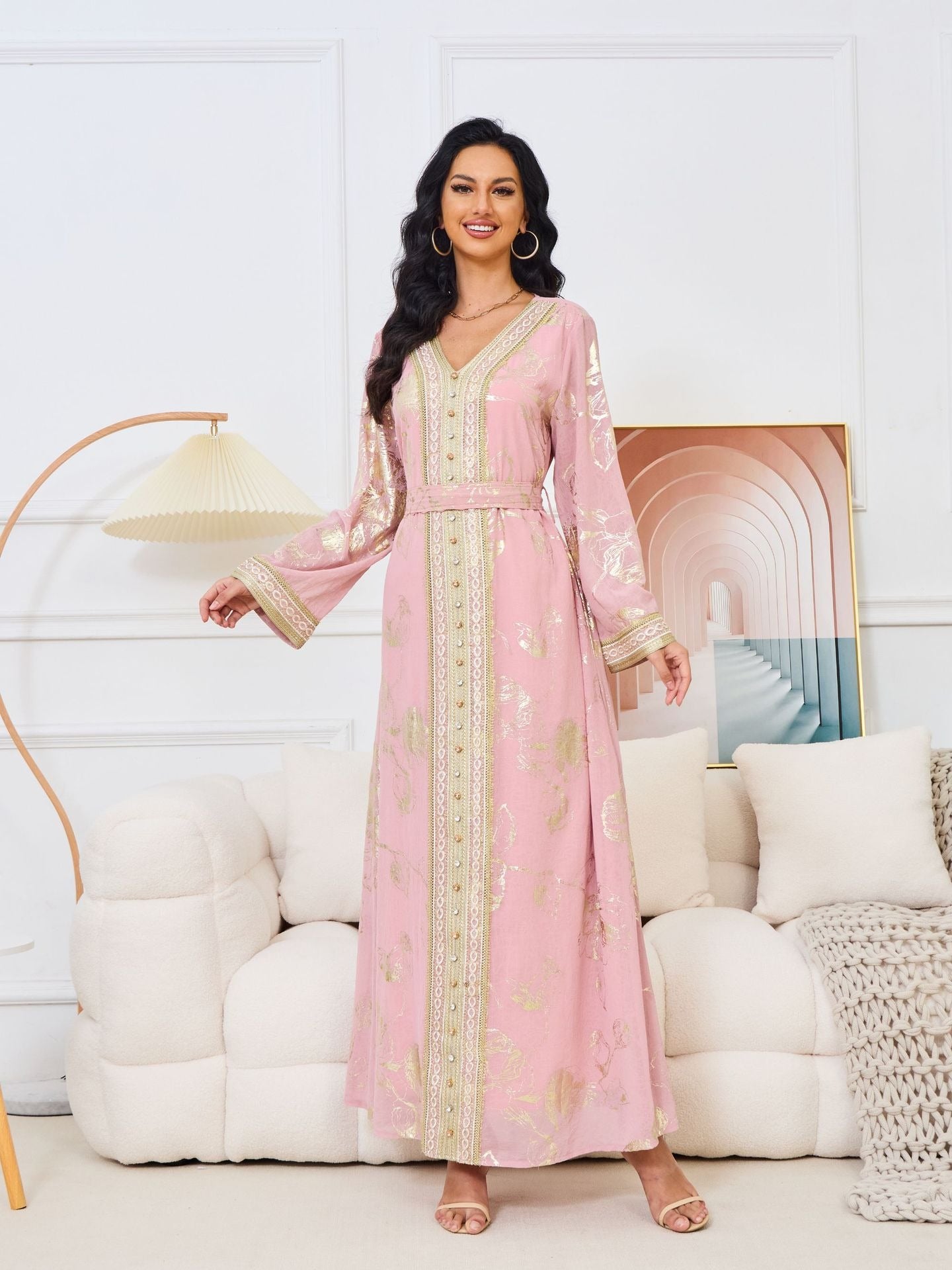 Muslim Women's Dress New Pink Stamped Fashion Party Robe